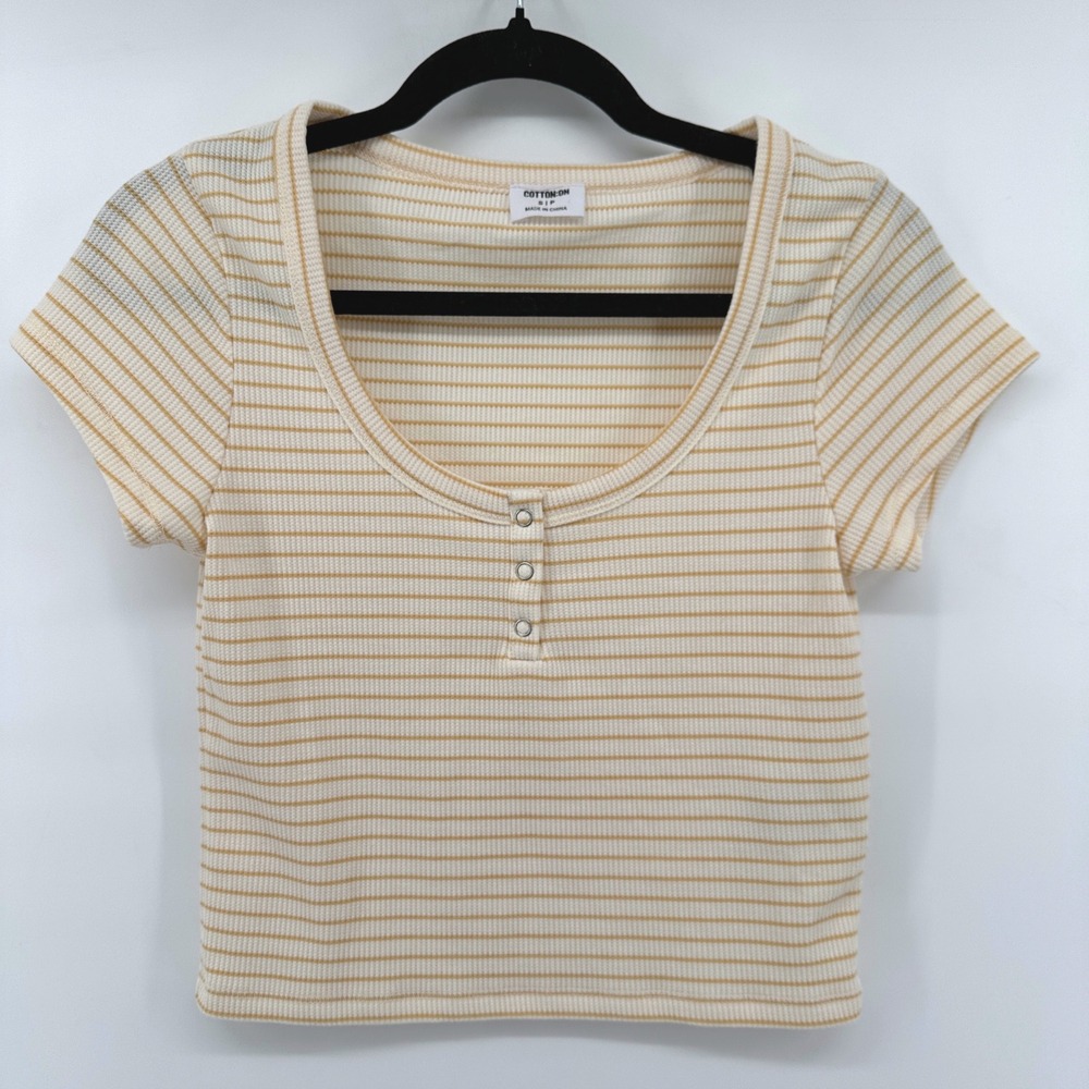 Cotton On Womens Small Striped Waffle Knit Henley Crop Top Yellow Cream 2056892